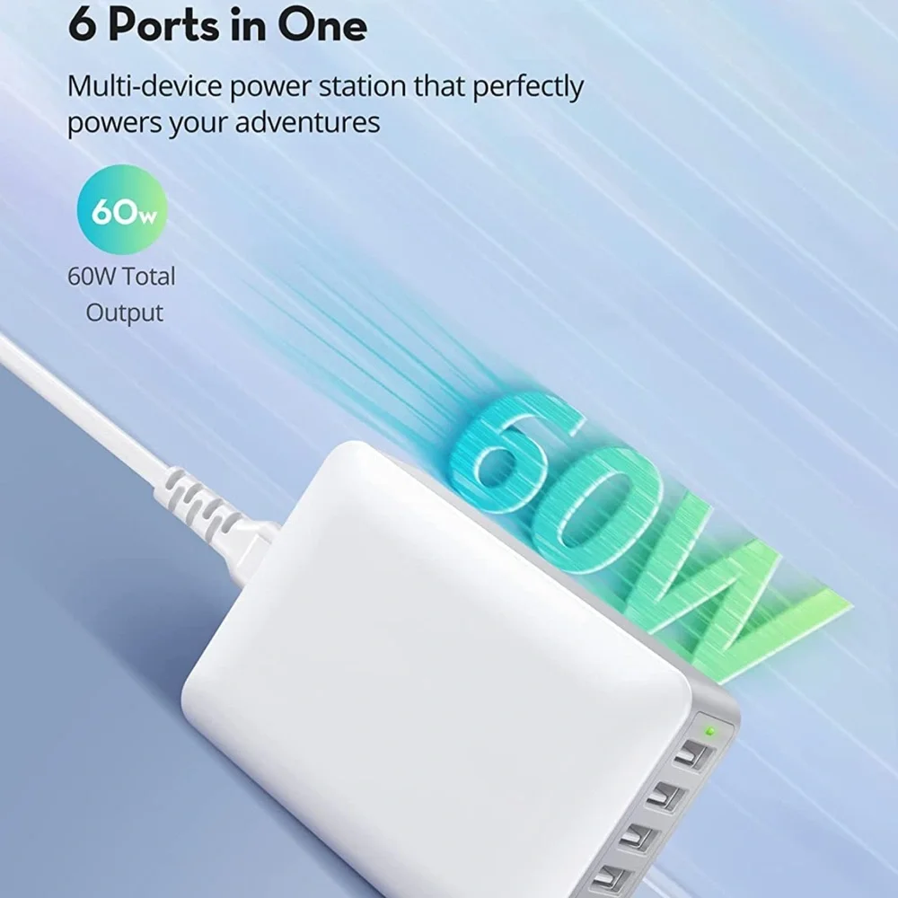 USB Charger 60W USB Charging Hub 12A 6-Port Desktop Station with Multiple Port